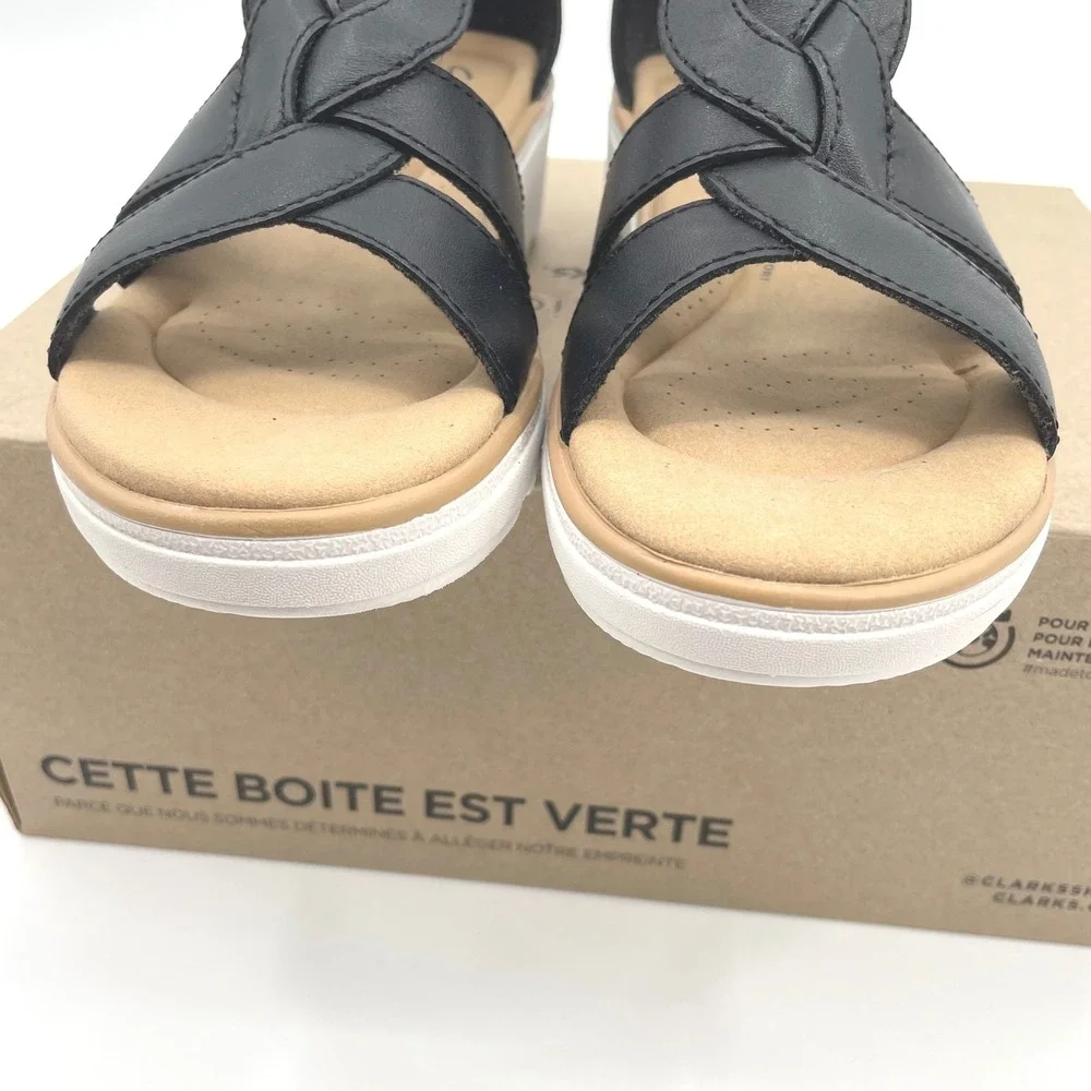 Clarks Jillian Bright Sandals Womens 7.5 Black Leather Wedge Braided Chic Trendy